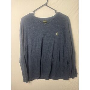 Polo Ralph Lauren T-Shirt Men Large Blue Long Sleeve V-Neck Pullover 100% Cotton